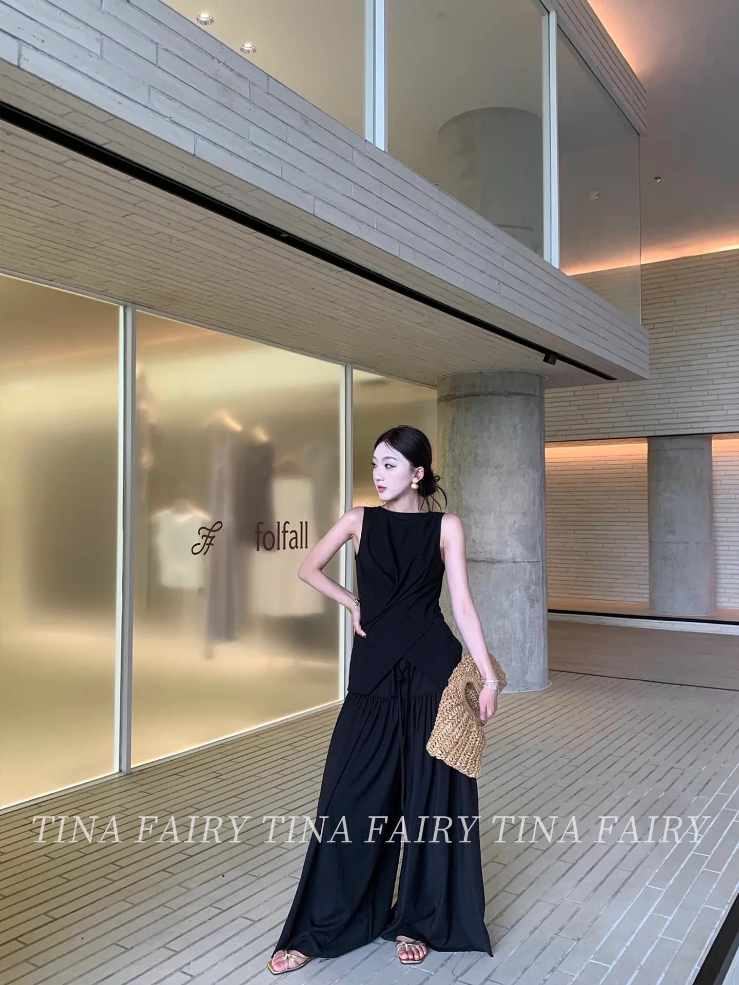 tina fairy 대 주요 추진력 row 펄럭 이는 바지 고급 빗질된 면 슈퍼 슬림해 보이는 느슨함 둘 색상 상세 이미지 7