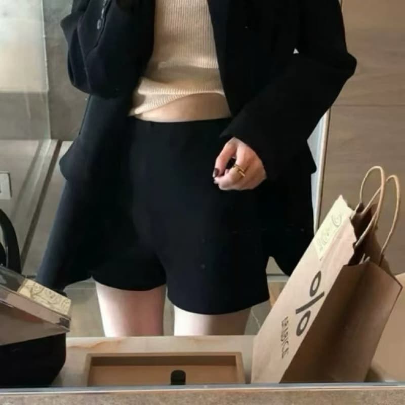 hhyii 스키니 작은 검은 색 바지 검정색 넓은 다리 정장 반바지 여성 한 도루 센스 하이웨이스트 다용도 한 마디 캐주얼 바지 이미지 5