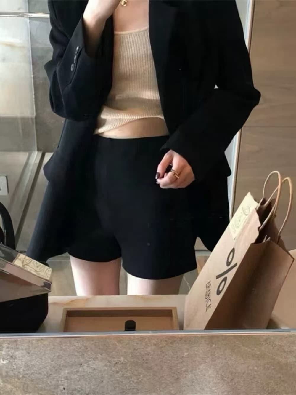 hhyii 스키니 작은 검은 색 바지 검정색 넓은 다리 정장 반바지 여성 한 도루 센스 하이웨이스트 다용도 한 마디 캐주얼 바지 상세 이미지 1