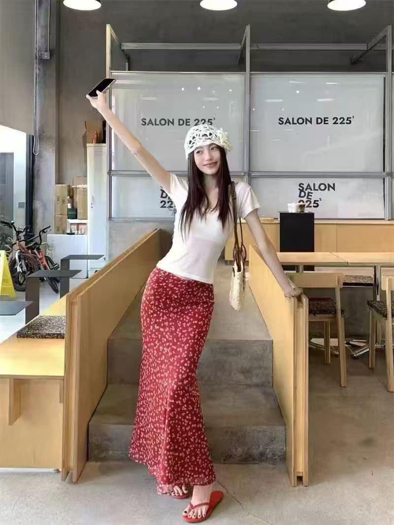 mukok 프랑스식 빨간색 꽃무늬 쉬폰 롱 스커트 여성 타이트 스커트 여름 새로운 지불 타이트 스커트 인어 꼬리 반신 스커트 이미지 4