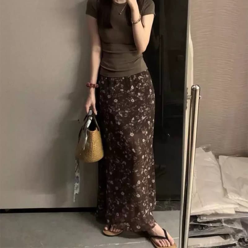 bluepops 2026 여름 새로운 부드러운 바람 쉬폰 꽃무늬 반신 스커트 여성 품격 다용도 슬림해 보이는 롱 스커트 이미지 5