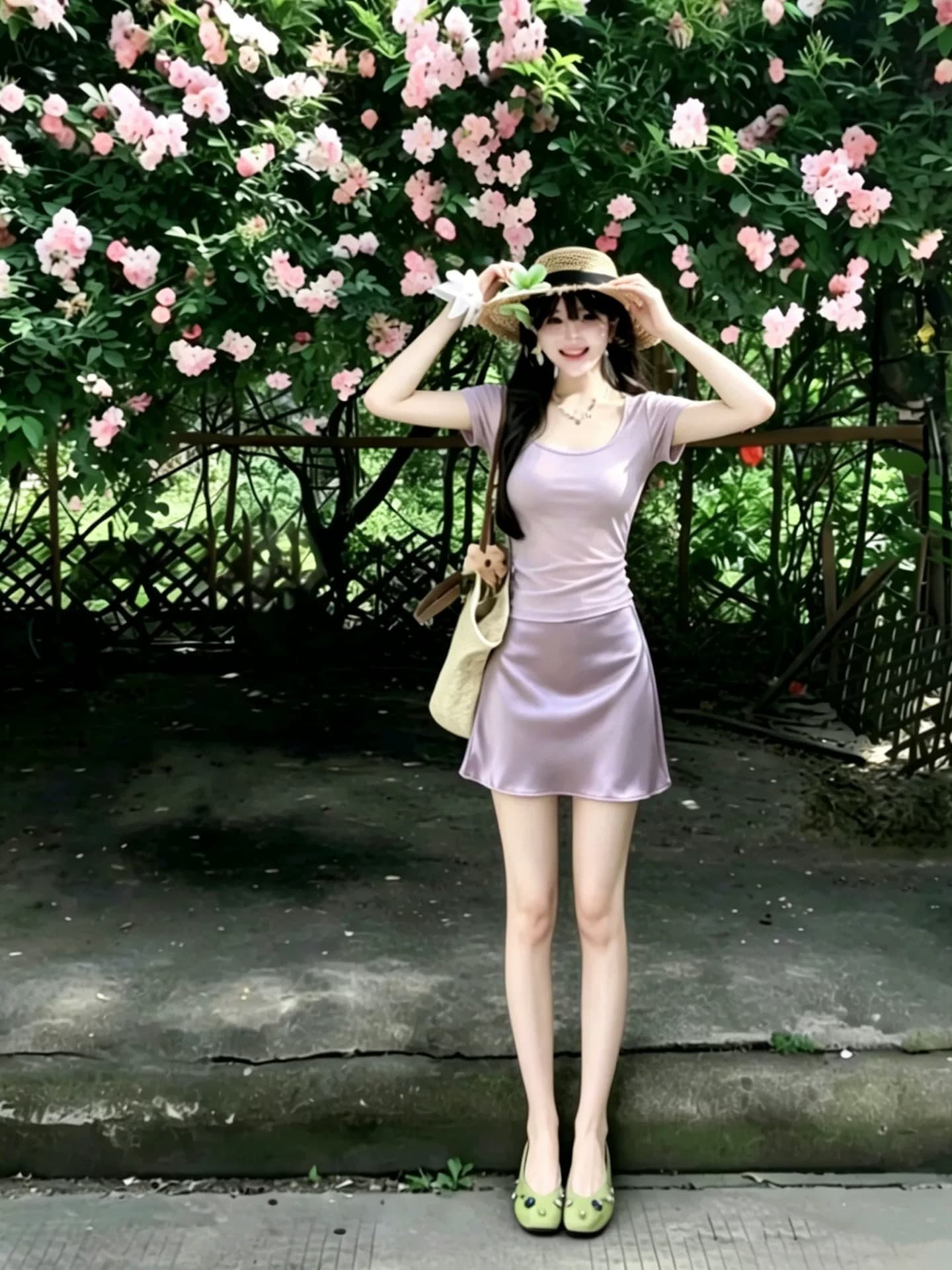 yoli 장 宥 이익 모네 꽃 보라색 새틴 광택 한 마디 반신 스커트 여성 여름 부드러운 미니 스커트