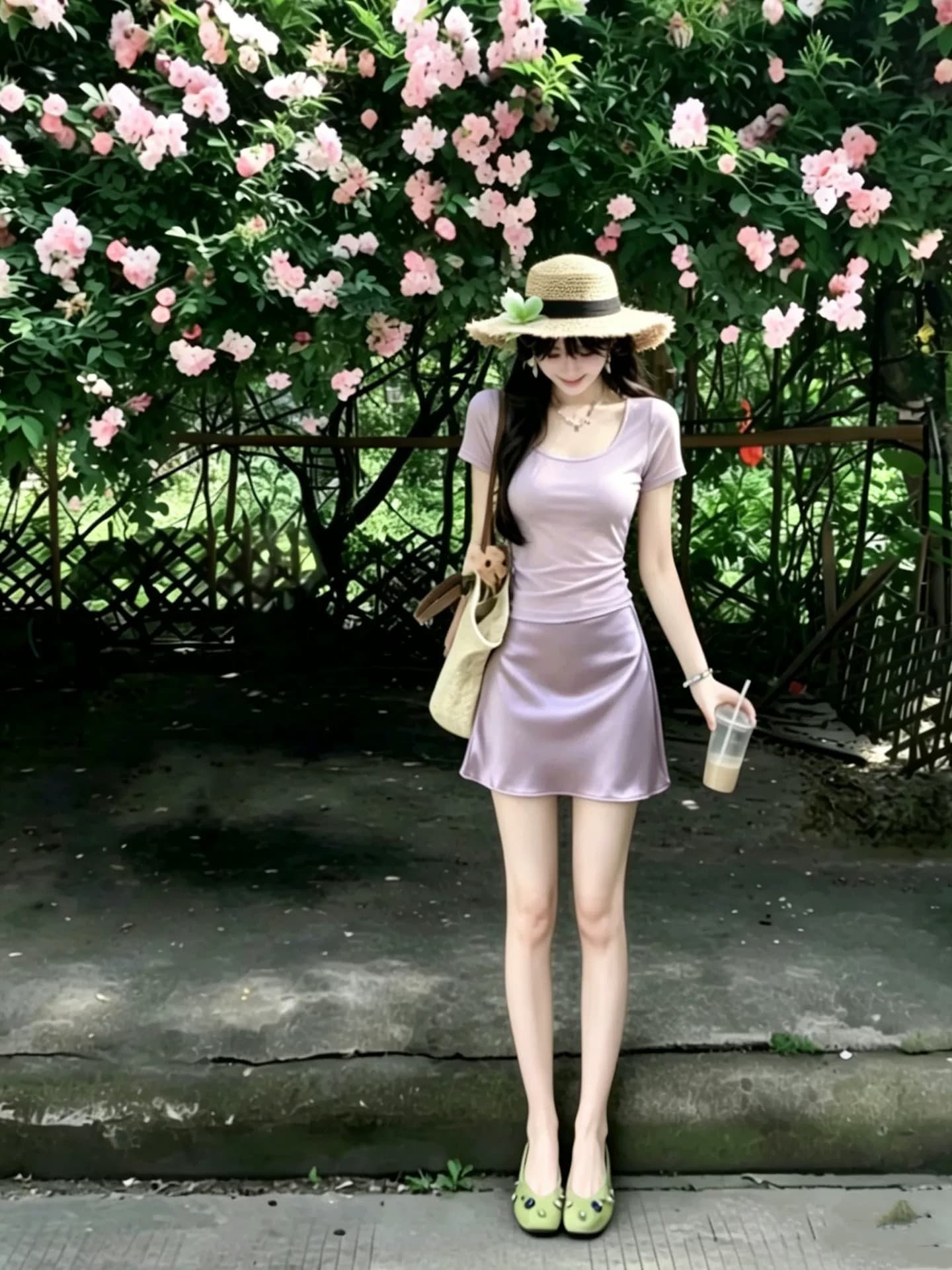 yoli 장 宥 이익 모네 꽃 보라색 새틴 광택 한 마디 반신 스커트 여성 여름 부드러운 미니 스커트 상세 이미지 2