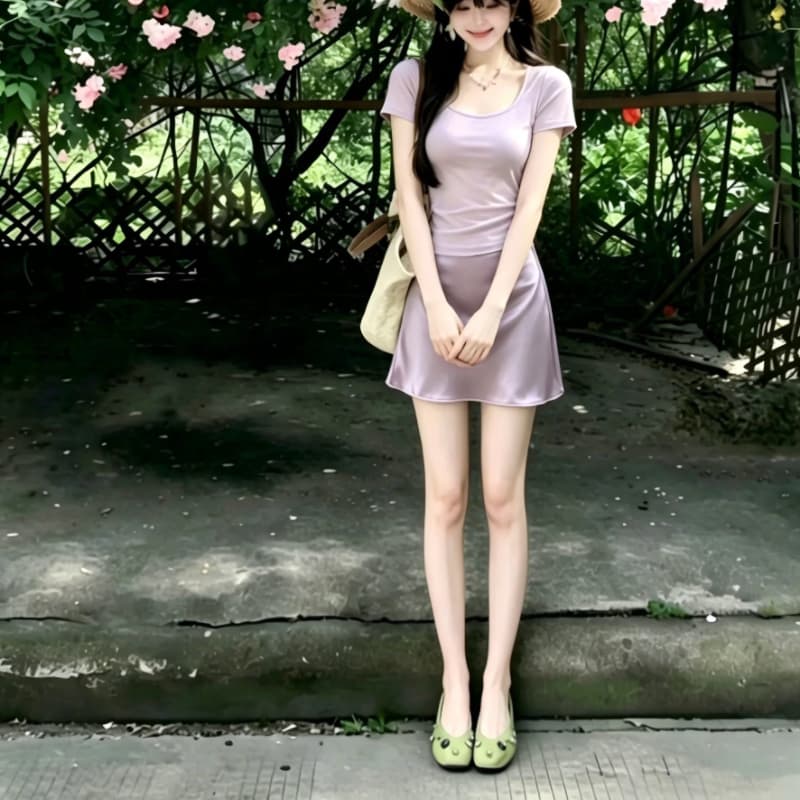 yoli 장 宥 이익 모네 꽃 보라색 새틴 광택 한 마디 반신 스커트 여성 여름 부드러운 미니 스커트 상세 이미지 5