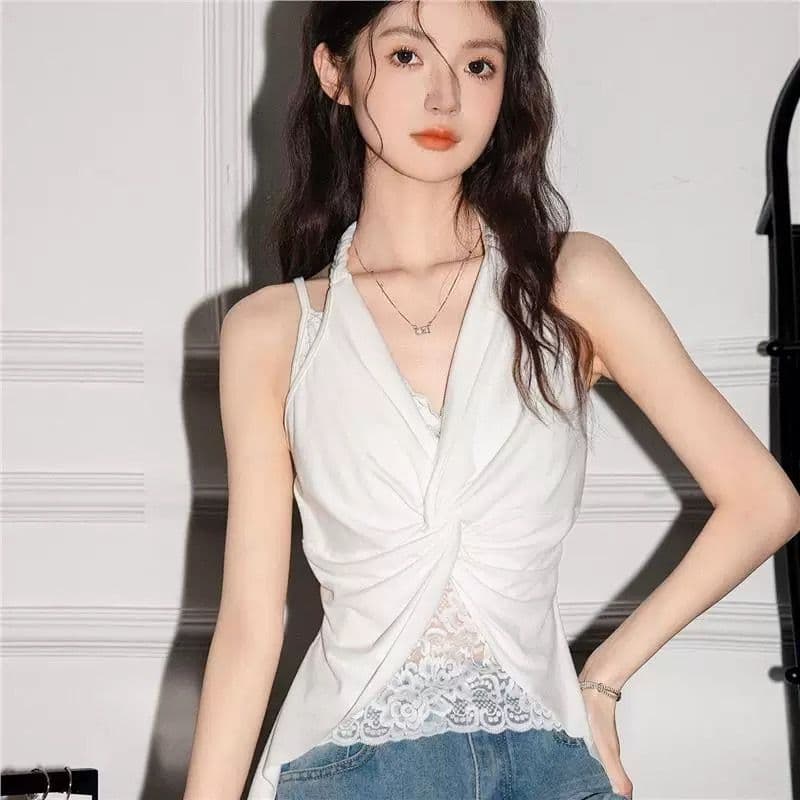 프랑스식 패치워크 레이스 페이크 레이어드 행침 목 캐미솔 여름 새로운 아름다움 뒤로 V넥 민소매 맨위 이미지 3