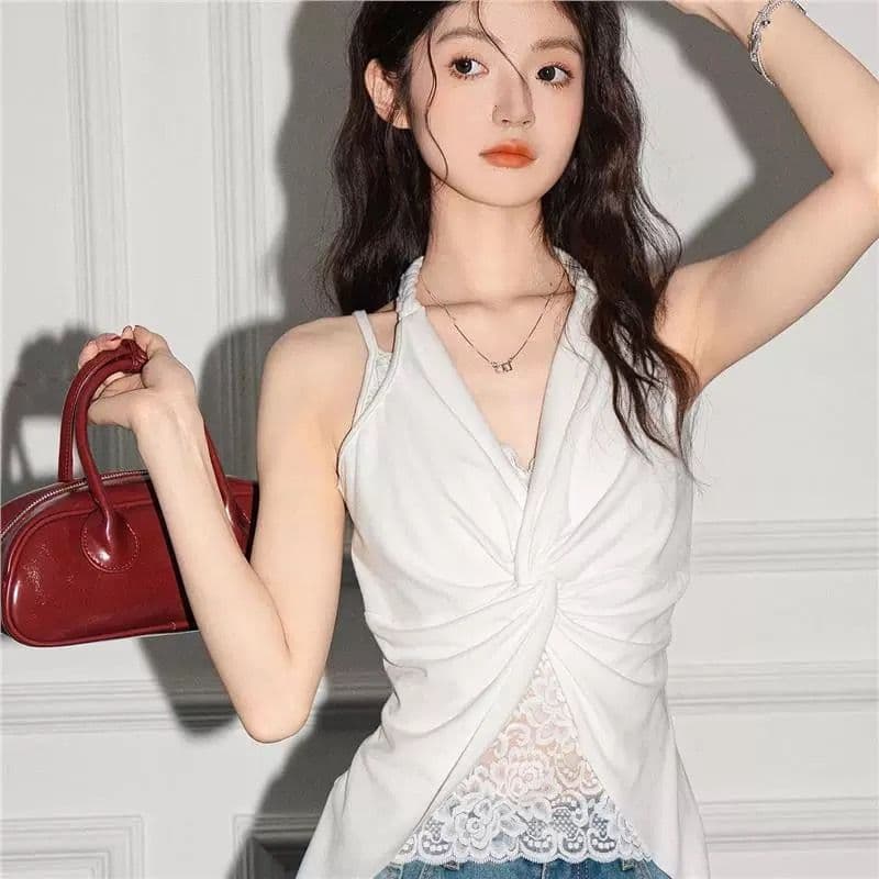프랑스식 패치워크 레이스 페이크 레이어드 행침 목 캐미솔 여름 새로운 아름다움 뒤로 V넥 민소매 맨위 이미지 4