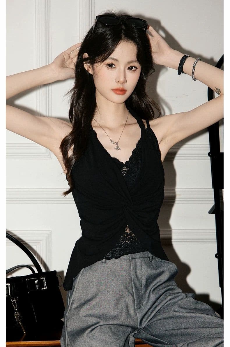 프랑스식 패치워크 레이스 페이크 레이어드 행침 목 캐미솔 여름 새로운 아름다움 뒤로 V넥 민소매 맨위 상세 이미지 1