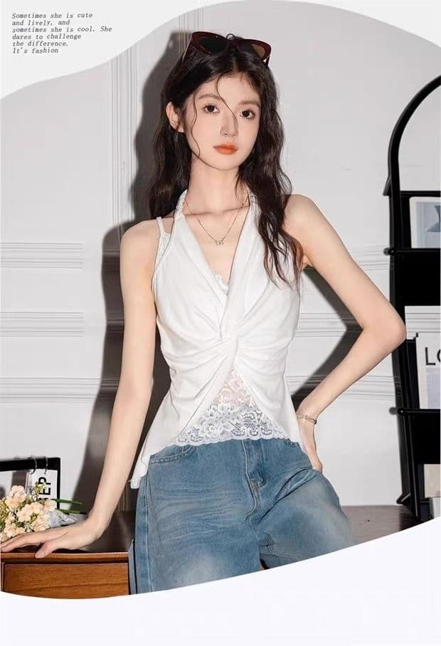 프랑스식 패치워크 레이스 페이크 레이어드 행침 목 캐미솔 여름 새로운 아름다움 뒤로 V넥 민소매 맨위 상세 이미지 4