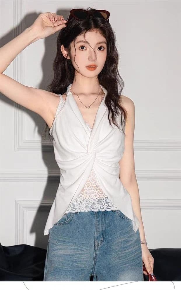 프랑스식 패치워크 레이스 페이크 레이어드 행침 목 캐미솔 여름 새로운 아름다움 뒤로 V넥 민소매 맨위 상세 이미지 7