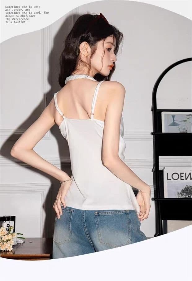 프랑스식 패치워크 레이스 페이크 레이어드 행침 목 캐미솔 여름 새로운 아름다움 뒤로 V넥 민소매 맨위 상세 이미지 13