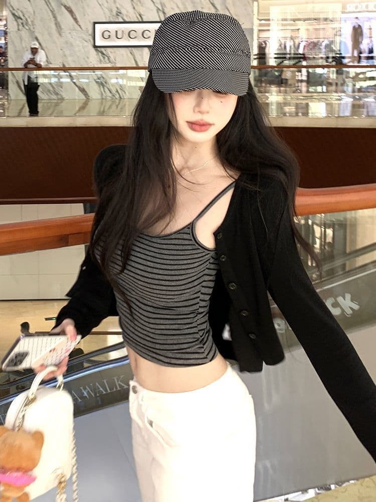 재킷 사람들 면 와 사고 방식 인사이드 가져 가라. 기타 음악 면 벨트 가슴 패드 스트라이프 조끼 오픈 가디건 투피스 세트 상세 이미지 5