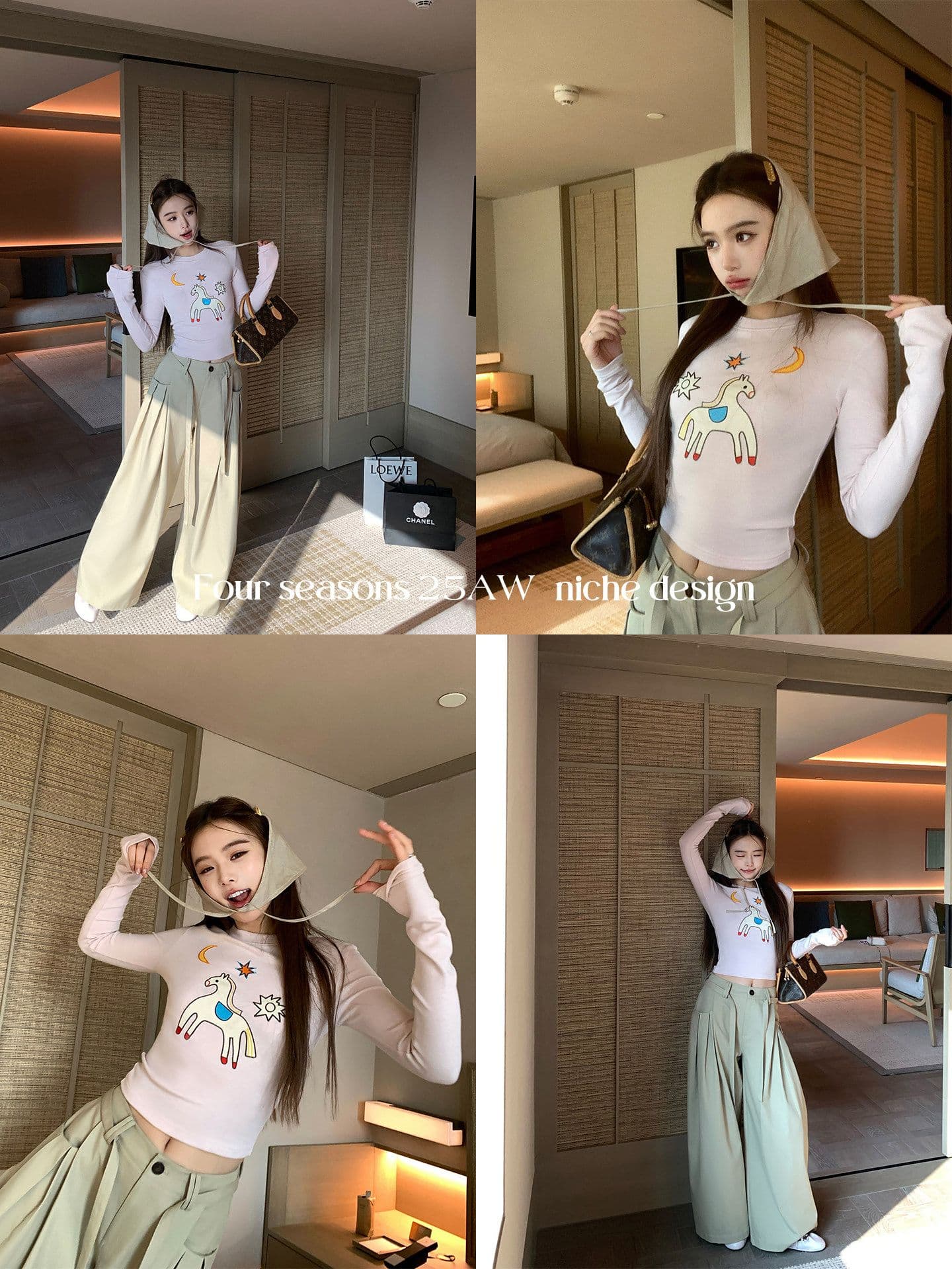 사람들 면 260 그램 디자인 센스 재미있는 작은 말 자수 양모 긴팔 티셔츠 이미지 2