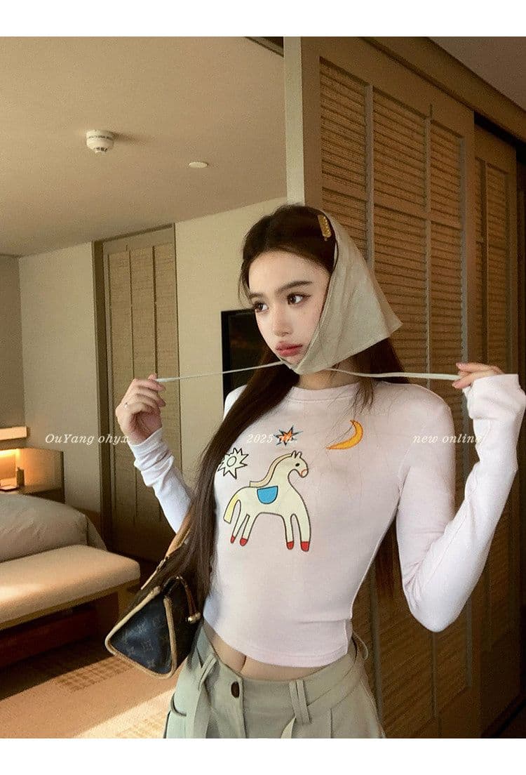 사람들 면 260 그램 디자인 센스 재미있는 작은 말 자수 양모 긴팔 티셔츠 상세 이미지 6