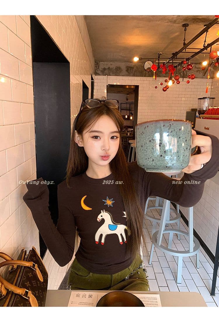 사람들 면 260 그램 디자인 센스 재미있는 작은 말 자수 양모 긴팔 티셔츠 상세 이미지 7