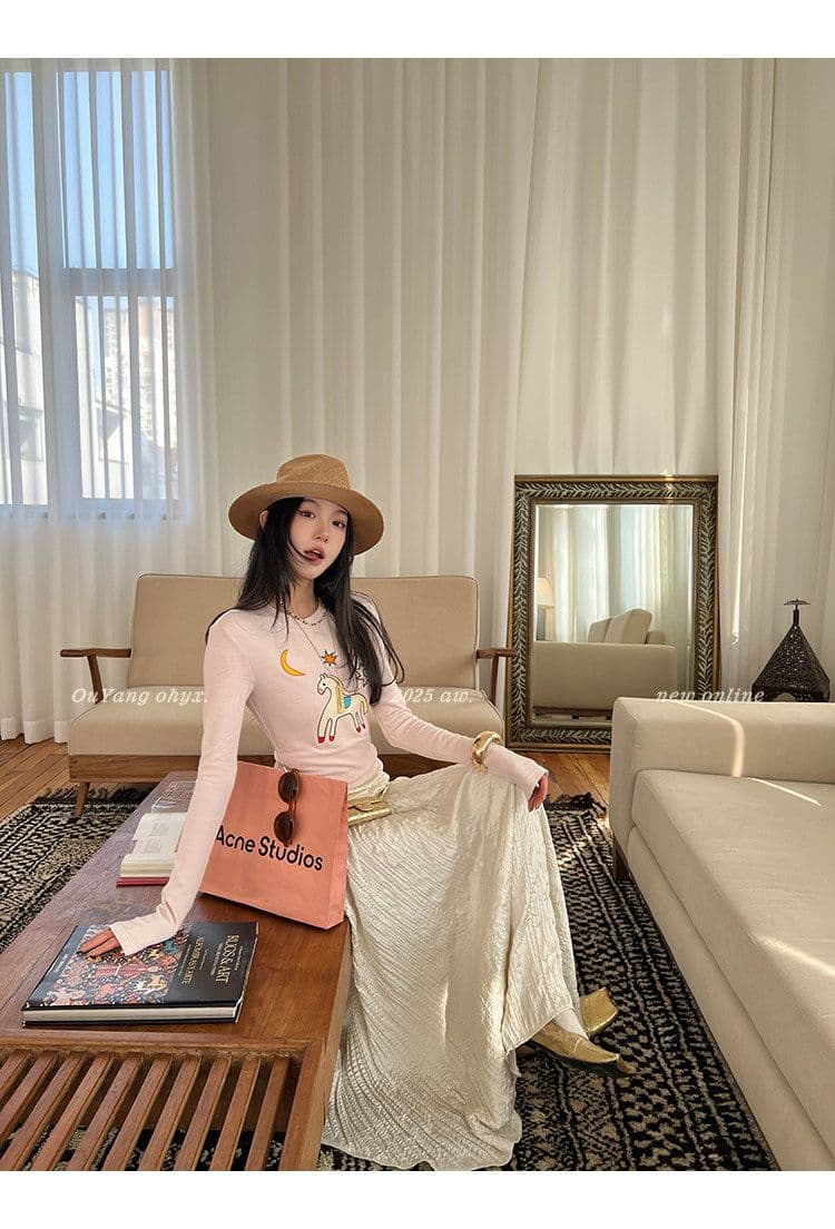 사람들 면 260 그램 디자인 센스 재미있는 작은 말 자수 양모 긴팔 티셔츠 상세 이미지 11