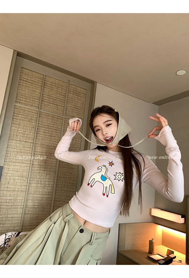 사람들 면 260 그램 디자인 센스 재미있는 작은 말 자수 양모 긴팔 티셔츠 상세 이미지 13