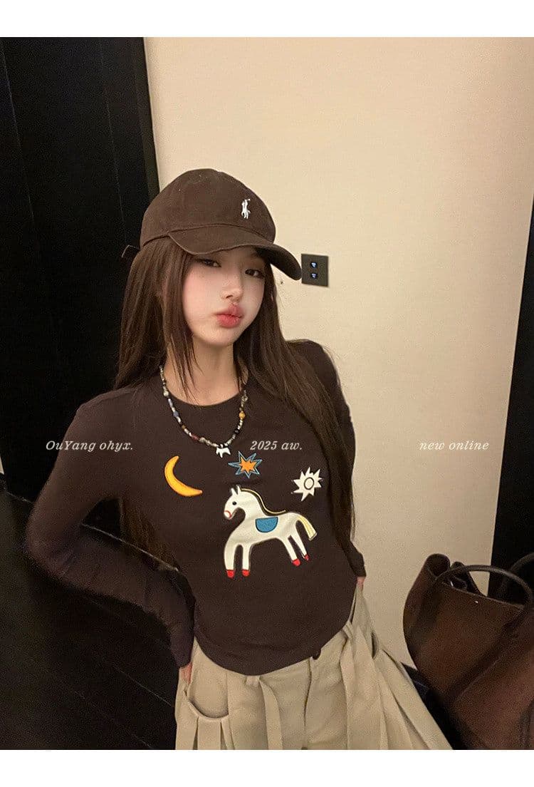 사람들 면 260 그램 디자인 센스 재미있는 작은 말 자수 양모 긴팔 티셔츠 상세 이미지 22