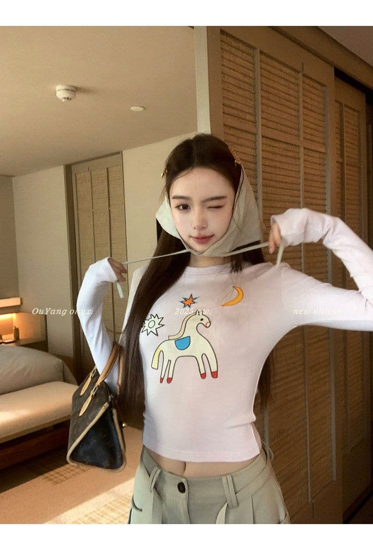 사람들 면 260 그램 디자인 센스 재미있는 작은 말 자수 양모 긴팔 티셔츠 상세 이미지 27
