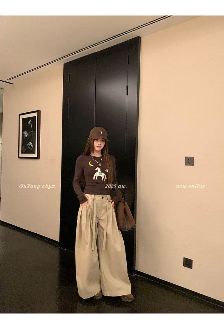 사람들 면 260 그램 디자인 센스 재미있는 작은 말 자수 양모 긴팔 티셔츠 상세 이미지 29