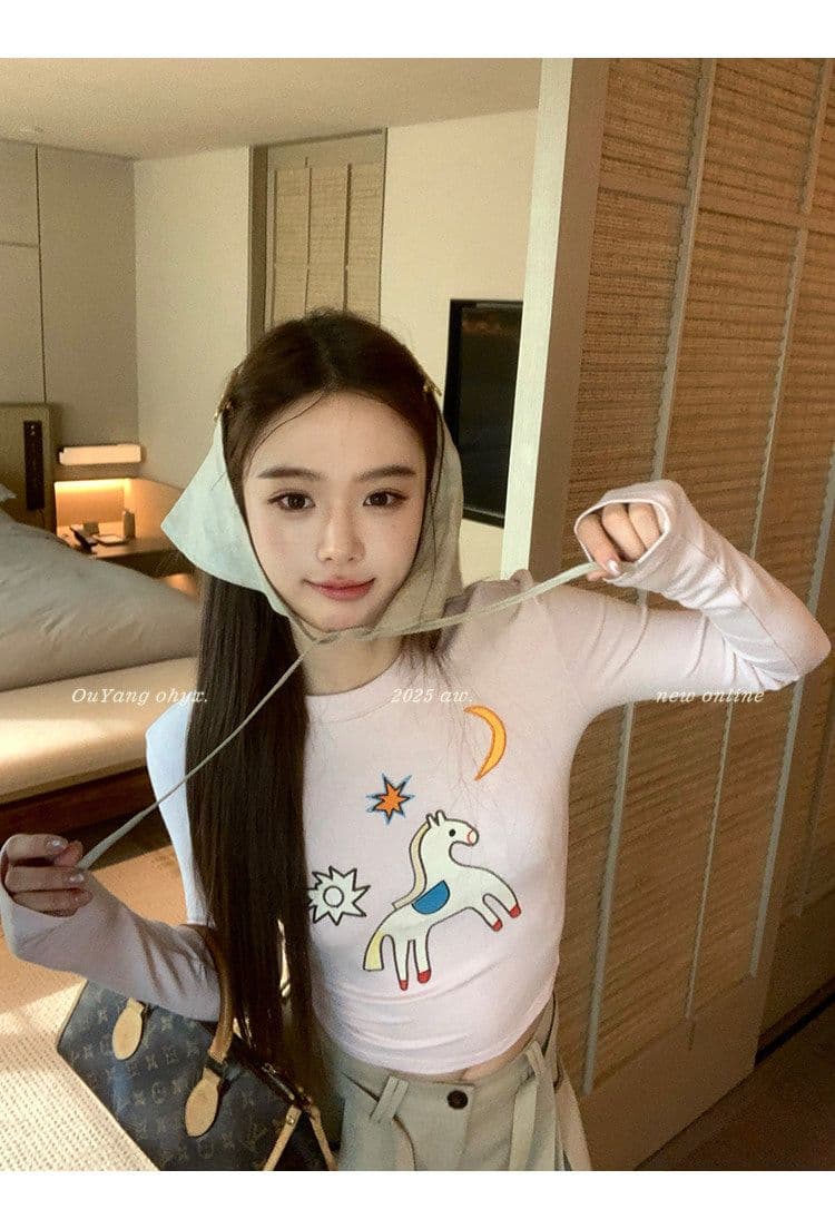 사람들 면 260 그램 디자인 센스 재미있는 작은 말 자수 양모 긴팔 티셔츠 상세 이미지 34