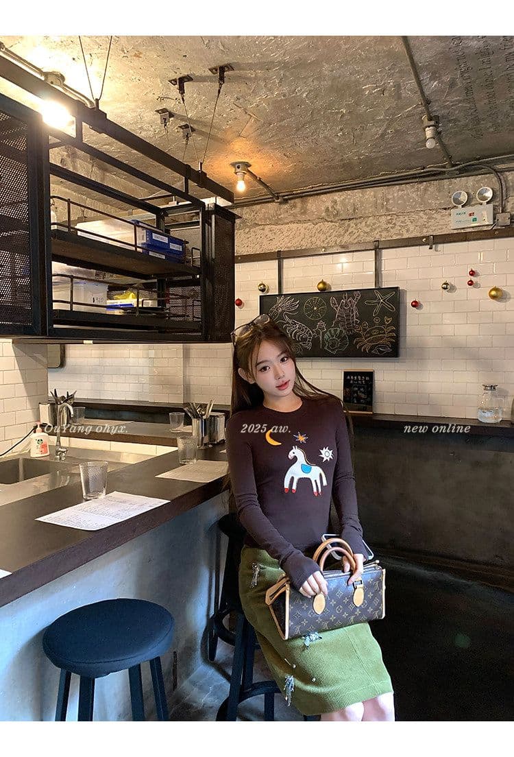 사람들 면 260 그램 디자인 센스 재미있는 작은 말 자수 양모 긴팔 티셔츠 상세 이미지 35
