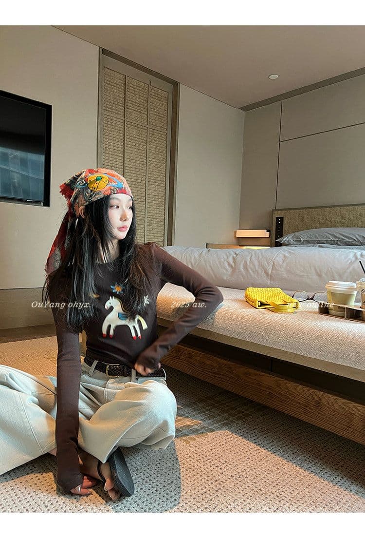 사람들 면 260 그램 디자인 센스 재미있는 작은 말 자수 양모 긴팔 티셔츠 상세 이미지 40