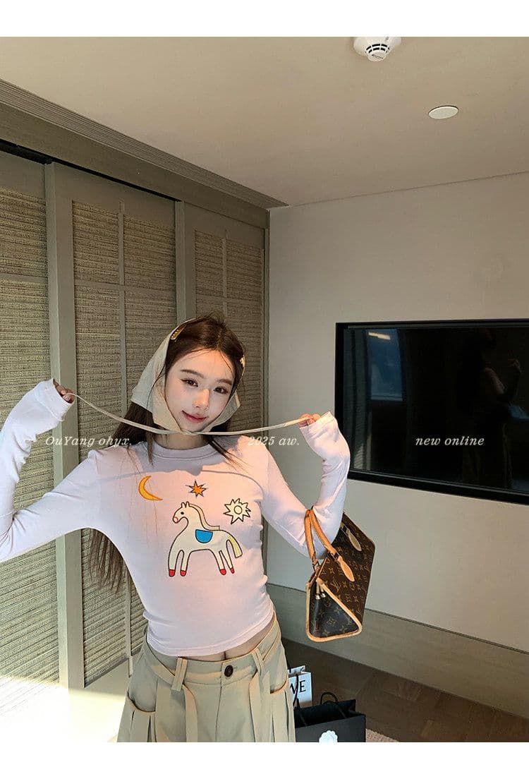 사람들 면 260 그램 디자인 센스 재미있는 작은 말 자수 양모 긴팔 티셔츠 상세 이미지 47