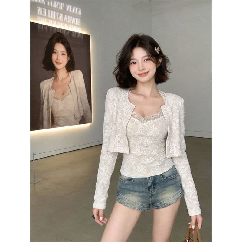 달콤함 레이스 조각 쇼트 스타일 맨위 여성 이른 봄 순수한 욕망 섹시함 나비 매듭 캐미솔 긴팔 니트 오픈 가디건 이미지 3