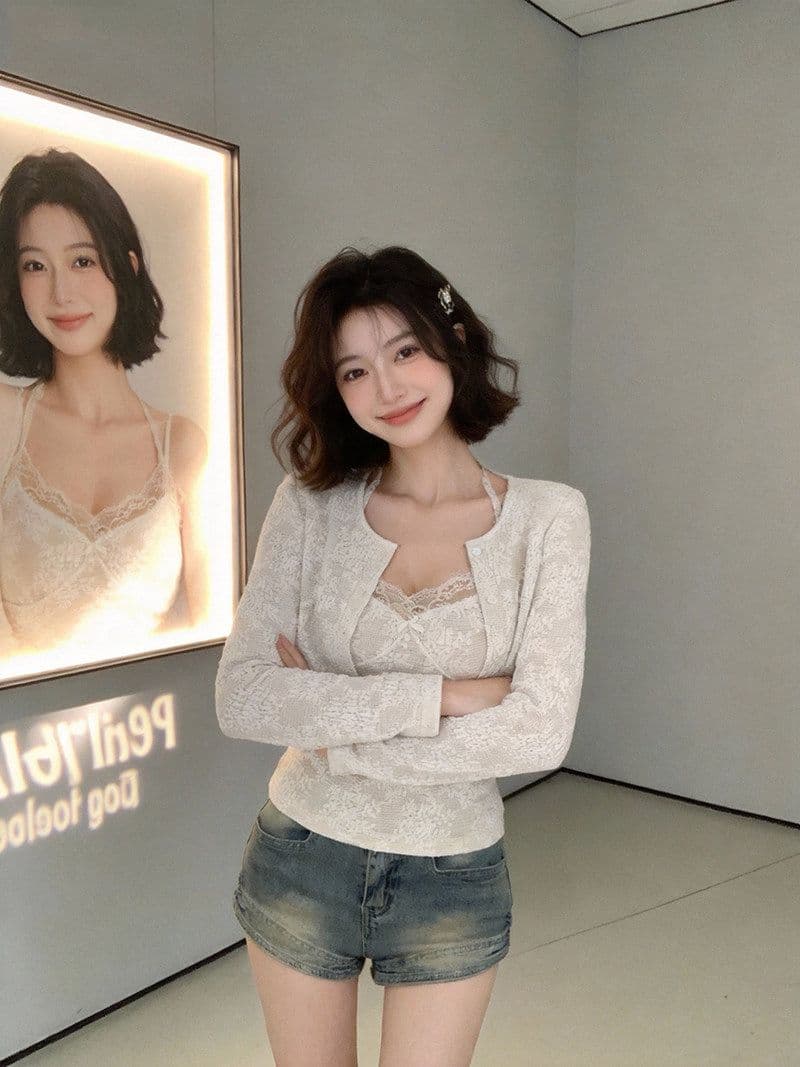 달콤함 레이스 조각 쇼트 스타일 맨위 여성 이른 봄 순수한 욕망 섹시함 나비 매듭 캐미솔 긴팔 니트 오픈 가디건 상세 이미지 2