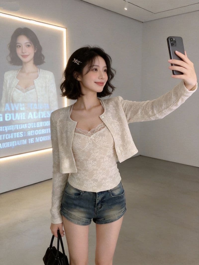 달콤함 레이스 조각 쇼트 스타일 맨위 여성 이른 봄 순수한 욕망 섹시함 나비 매듭 캐미솔 긴팔 니트 오픈 가디건 상세 이미지 3