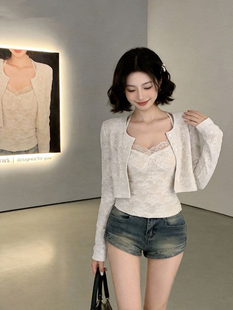 달콤함 레이스 조각 쇼트 스타일 맨위 여성 이른 봄 순수한 욕망 섹시함 나비 매듭 캐미솔 긴팔 니트 오픈 가디건 상세 이미지 4