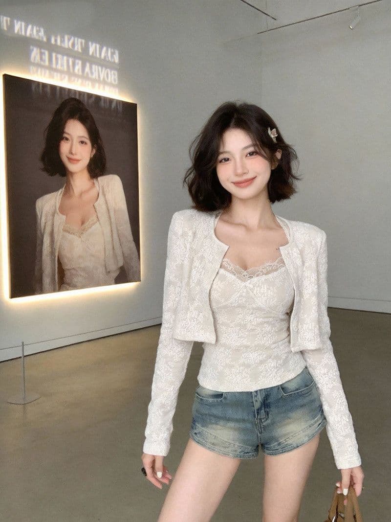 달콤함 레이스 조각 쇼트 스타일 맨위 여성 이른 봄 순수한 욕망 섹시함 나비 매듭 캐미솔 긴팔 니트 오픈 가디건 상세 이미지 5