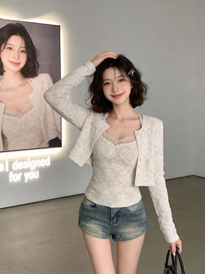 달콤함 레이스 조각 쇼트 스타일 맨위 여성 이른 봄 순수한 욕망 섹시함 나비 매듭 캐미솔 긴팔 니트 오픈 가디건 상세 이미지 6