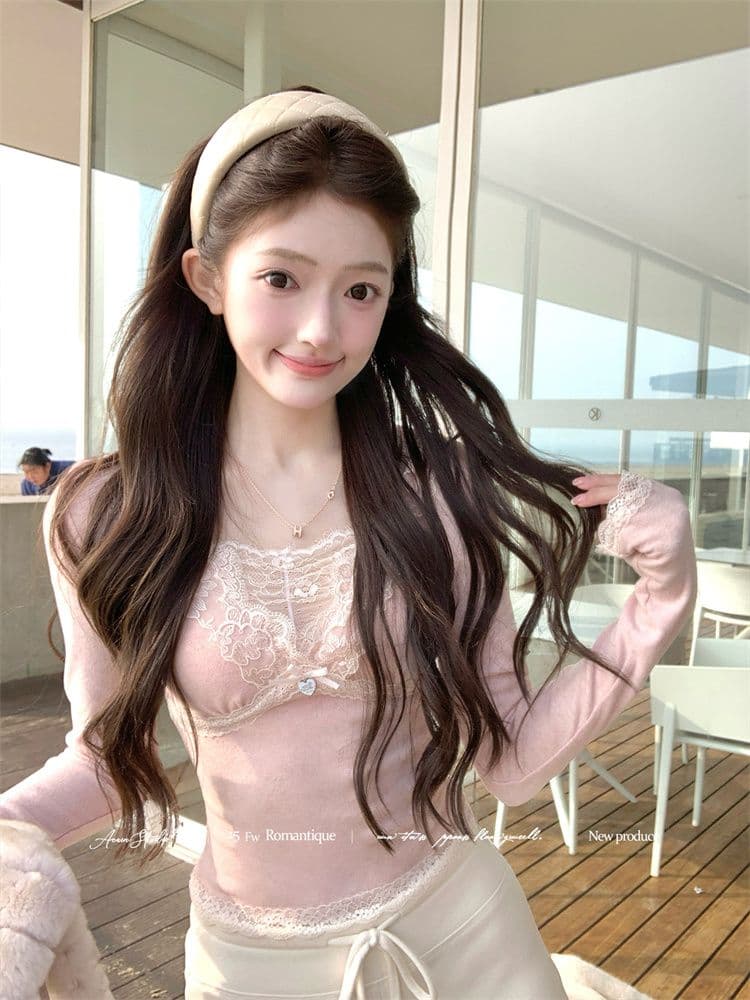 1 1 와 사고 방식 순수한 욕망 바람 레이스 조각 V넥 긴팔 티셔츠 여성 가을 겨울 몸매 가꾸기 핫걸 만나는 맨위 인사이드 가져 가라.