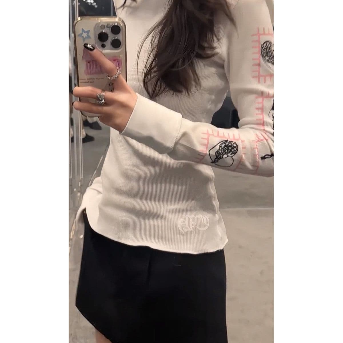 260 그램 사람들 면 모달 산스크리트어 프린트 긴팔 티셔츠 여성 라운드 넥 몸매 가꾸기 인사이드 잡아라. 의류 상세 이미지 6
