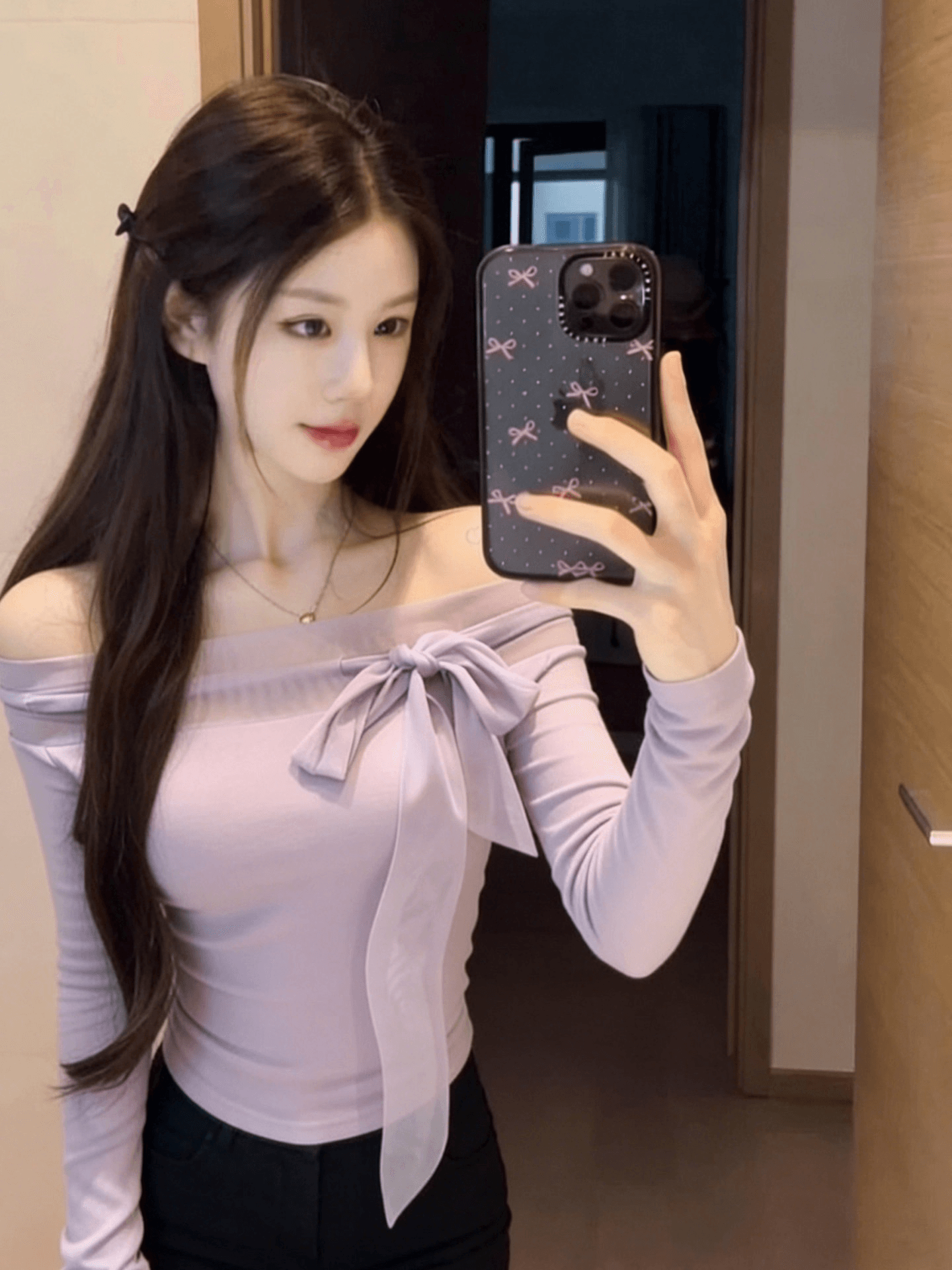 260 그램 와 사고 방식 오프숄더 나비 넥타이 기본 셔츠 여성 가을 겨울 품격 보라색 긴팔 몸매 가꾸기 맨위 상세 이미지 2