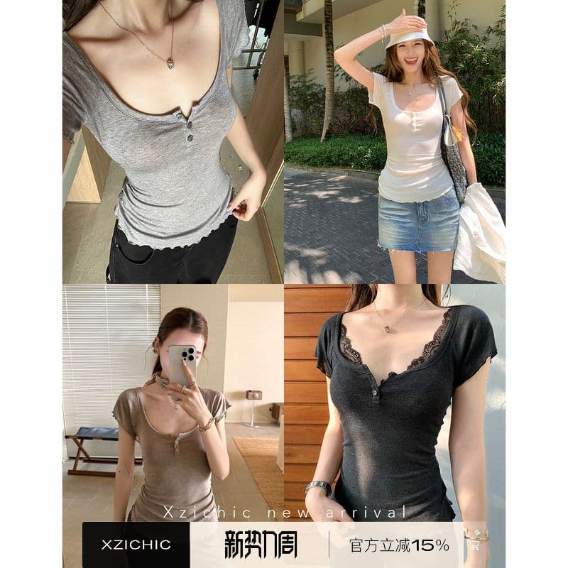 xzichic 한 남자 t 대 u 칼라 반팔 티셔츠 여성 여름 프로 피부 얇고 가벼운 작은 날다 소매 맨위