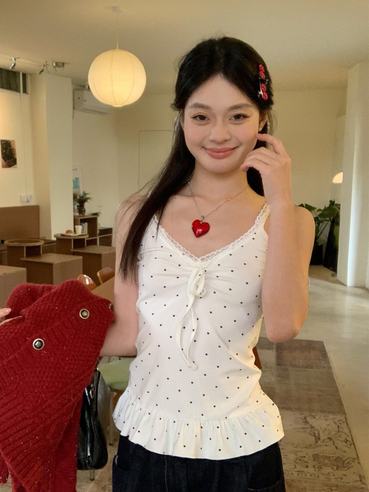 210 그램 40 좋은 면 1 1 순수한 욕망 바람 도트 무늬 프린트 패치워크 레이스 밑단 화이트 슬립 여성 셔츠 이미지 3