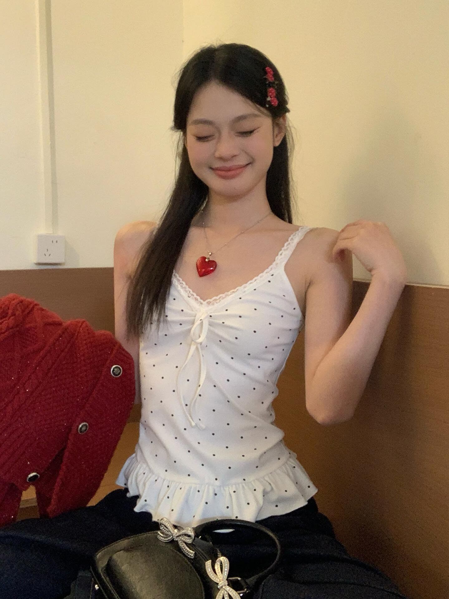 210 그램 40 좋은 면 1 1 순수한 욕망 바람 도트 무늬 프린트 패치워크 레이스 밑단 화이트 슬립 여성 셔츠 이미지 2