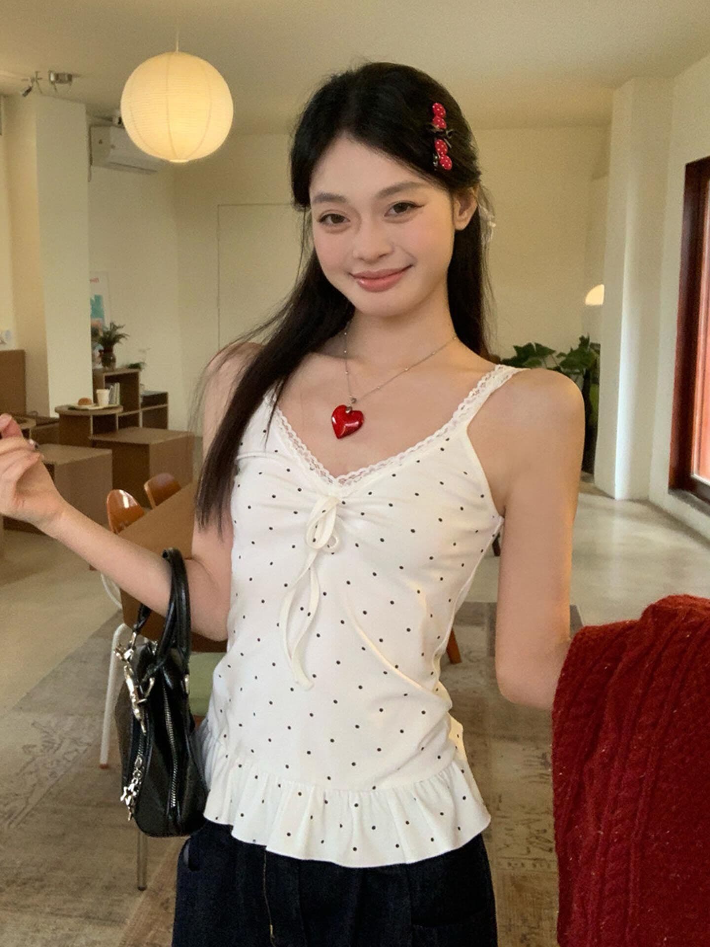 210 그램 40 좋은 면 1 1 순수한 욕망 바람 도트 무늬 프린트 패치워크 레이스 밑단 화이트 슬립 여성 셔츠 상세 이미지 1