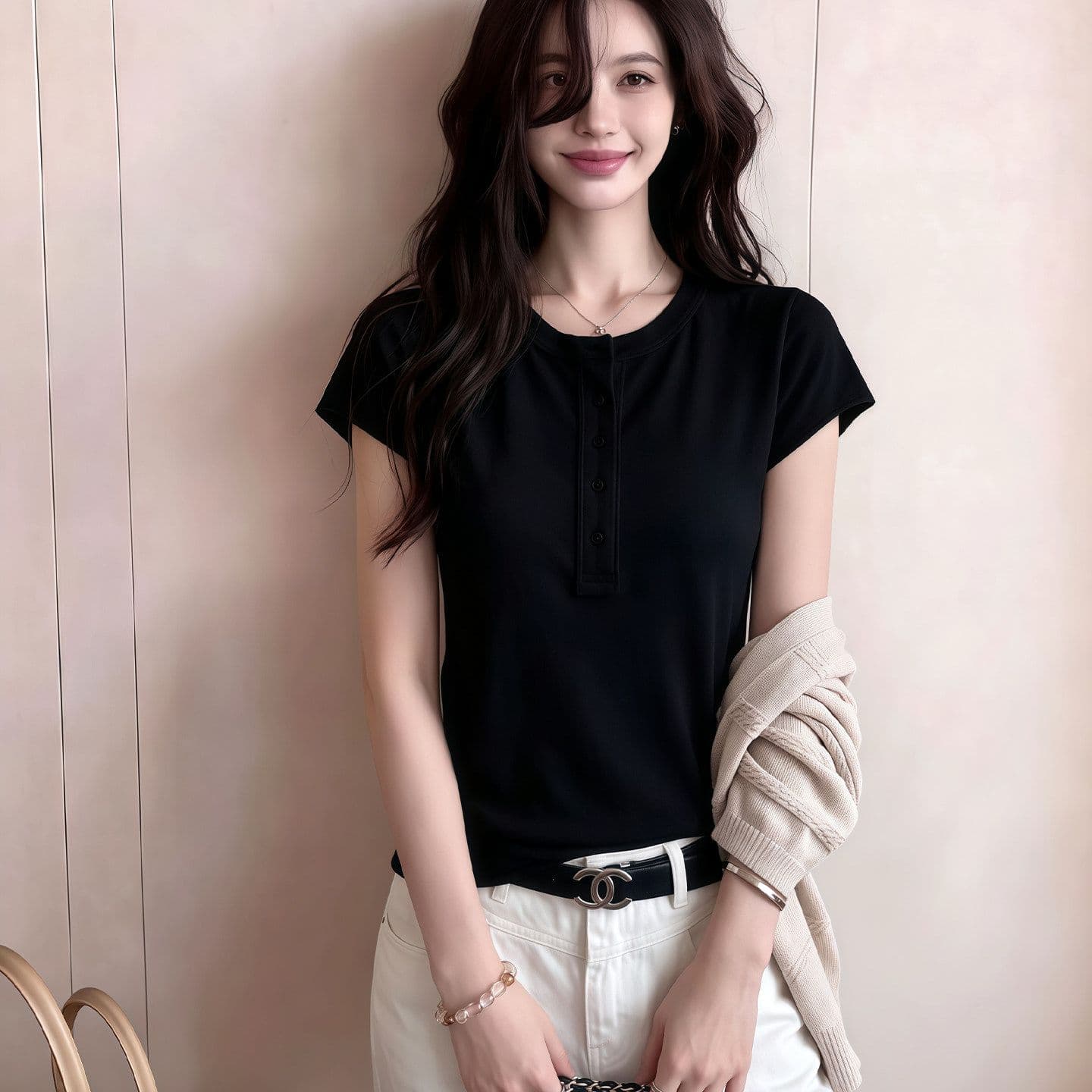 한 부서 화이트 반 개방 칼라 볼륨 측면 마이크로 ~을 통해 긍정적 인 어깨 반팔 티셔츠 여성 2026 여름 루즈핏 슬림해 보이는 라운드 넥 맨위 이미지 4