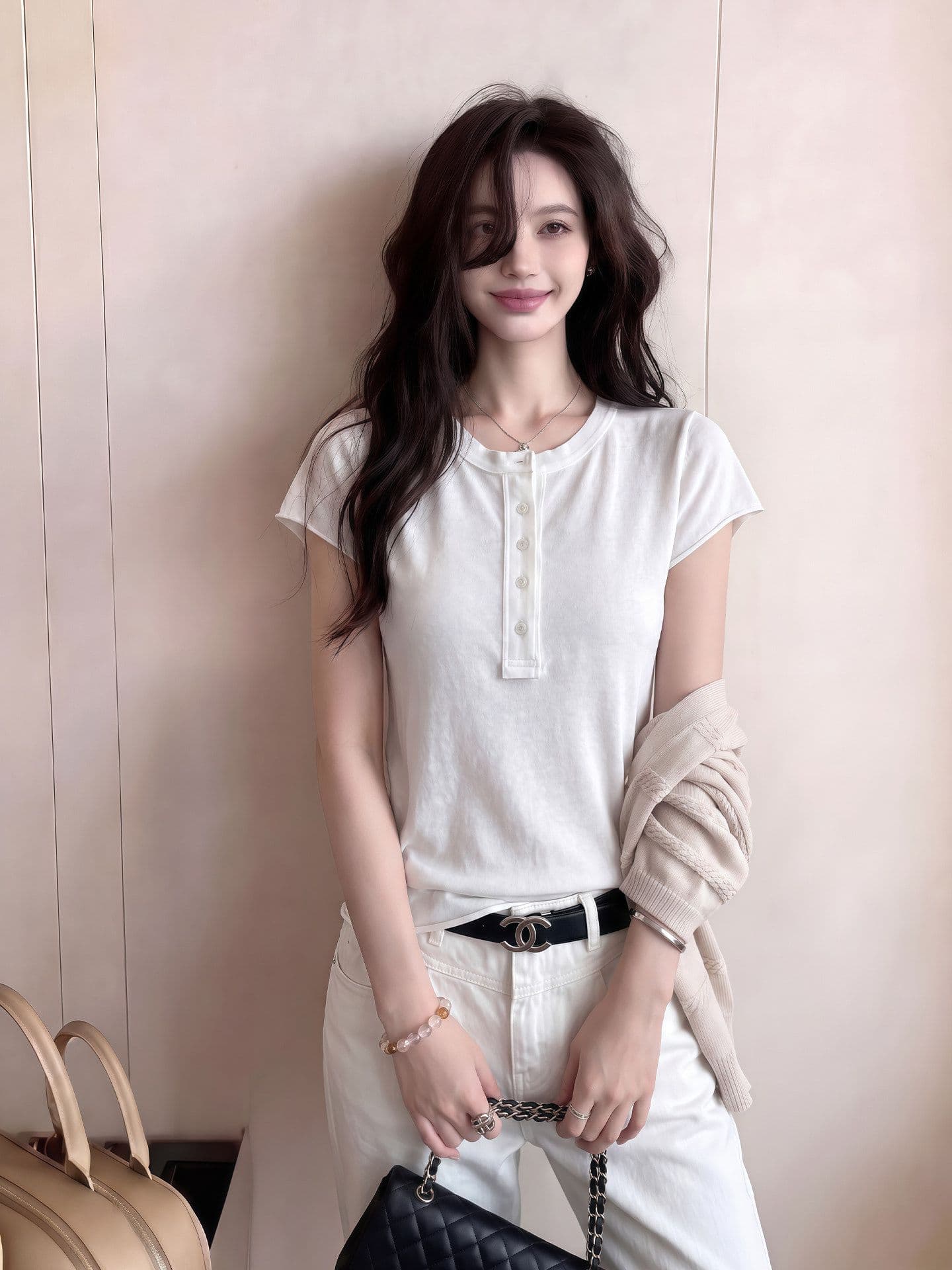 한 부서 화이트 반 개방 칼라 볼륨 측면 마이크로 ~을 통해 긍정적 인 어깨 반팔 티셔츠 여성 2026 여름 루즈핏 슬림해 보이는 라운드 넥 맨위 상세 이미지 2