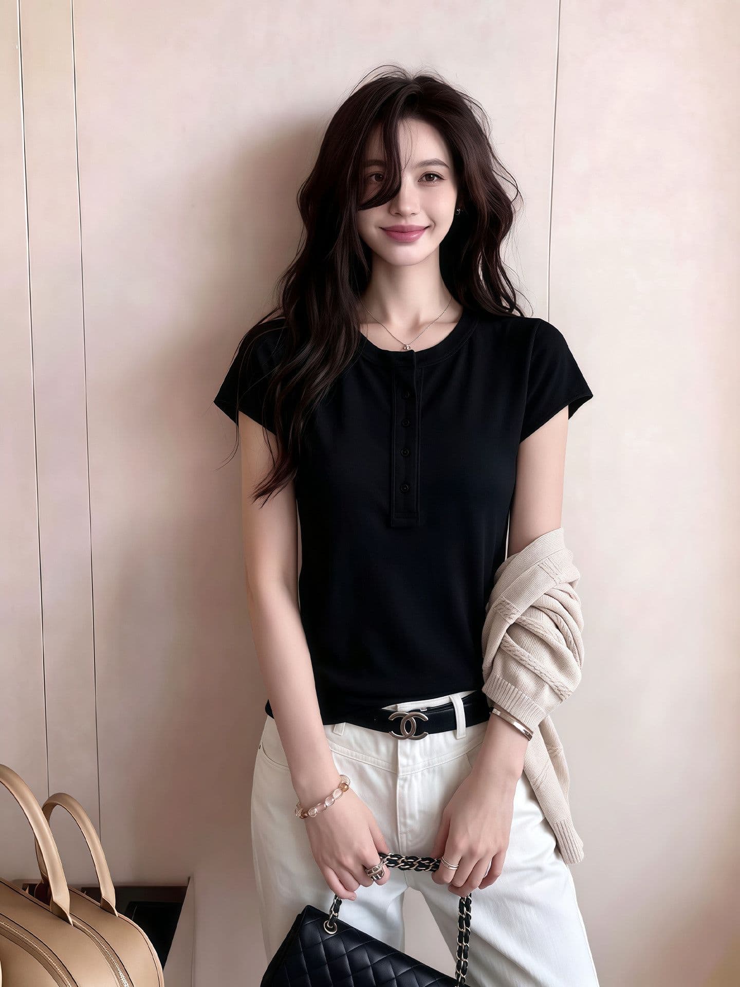 한 부서 화이트 반 개방 칼라 볼륨 측면 마이크로 ~을 통해 긍정적 인 어깨 반팔 티셔츠 여성 2026 여름 루즈핏 슬림해 보이는 라운드 넥 맨위 상세 이미지 3