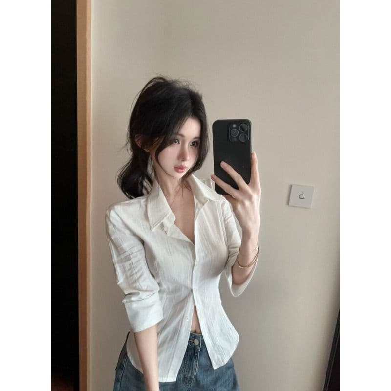 원본 자카드 원단 화이트 중간 소매 여성 셔츠 자매 부서 높음 지혜 센스 셔츠 몸매 가꾸기 허리 수축 맨위 이미지 4