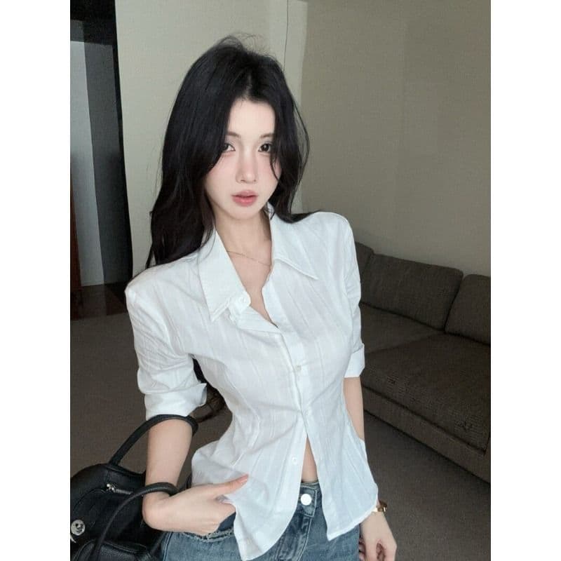 원본 자카드 원단 화이트 중간 소매 여성 셔츠 자매 부서 높음 지혜 센스 셔츠 몸매 가꾸기 허리 수축 맨위