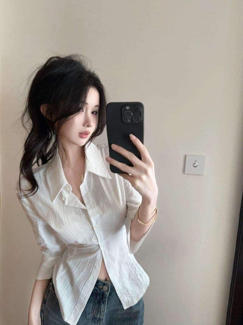 원본 자카드 원단 화이트 중간 소매 여성 셔츠 자매 부서 높음 지혜 센스 셔츠 몸매 가꾸기 허리 수축 맨위 상세 이미지 2