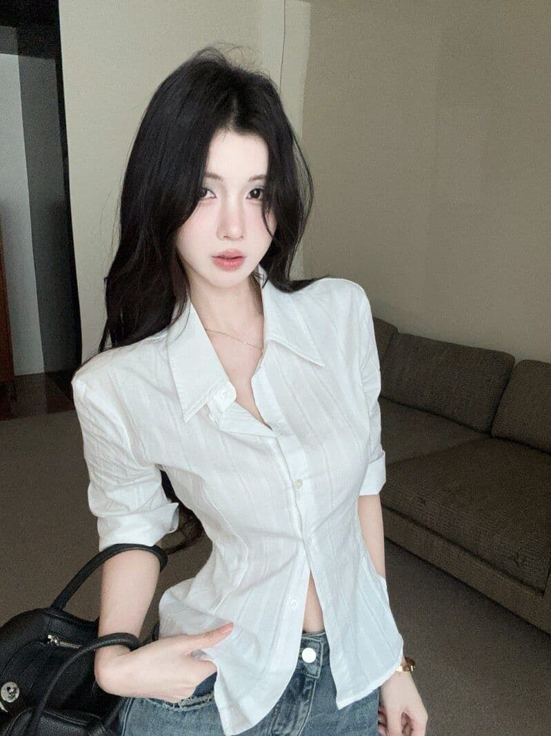 원본 자카드 원단 화이트 중간 소매 여성 셔츠 자매 부서 높음 지혜 센스 셔츠 몸매 가꾸기 허리 수축 맨위 상세 이미지 4