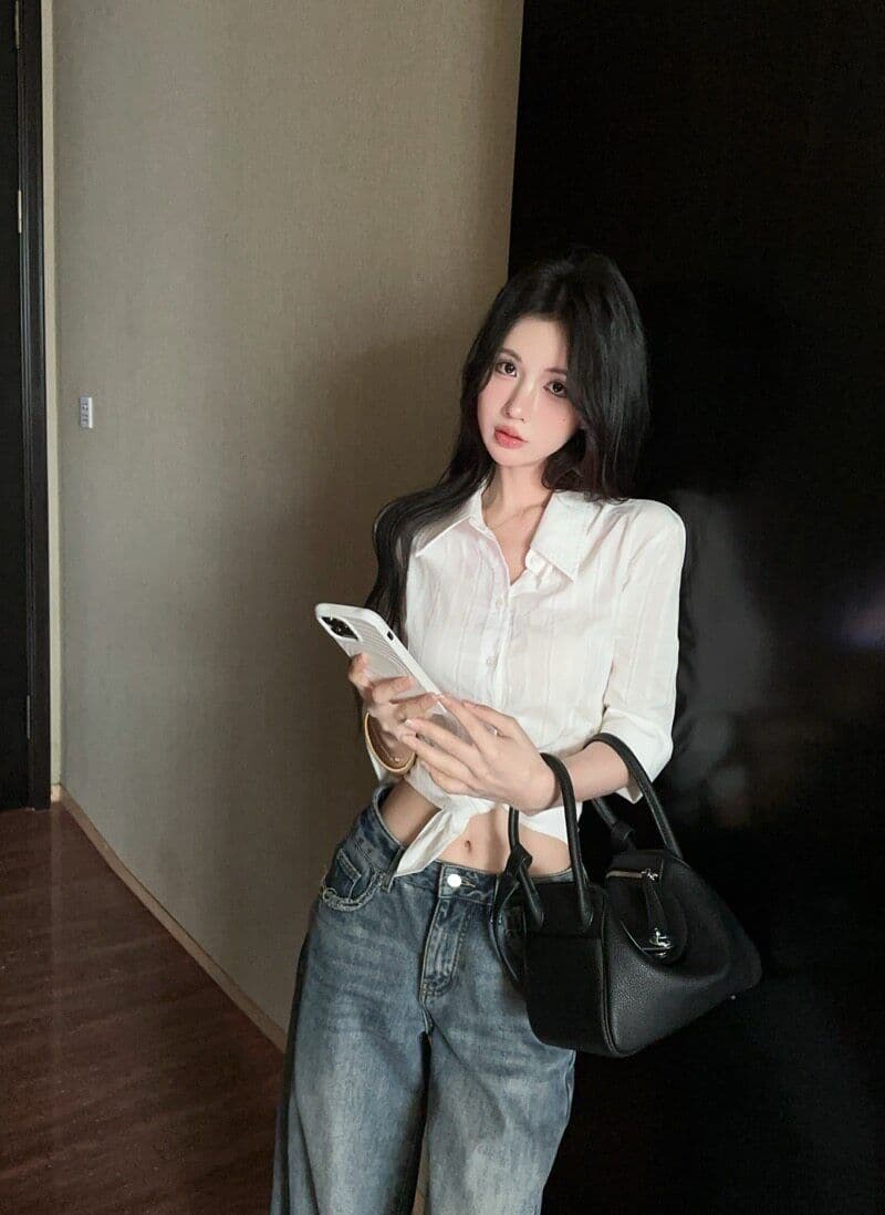 원본 자카드 원단 화이트 중간 소매 여성 셔츠 자매 부서 높음 지혜 센스 셔츠 몸매 가꾸기 허리 수축 맨위 상세 이미지 6