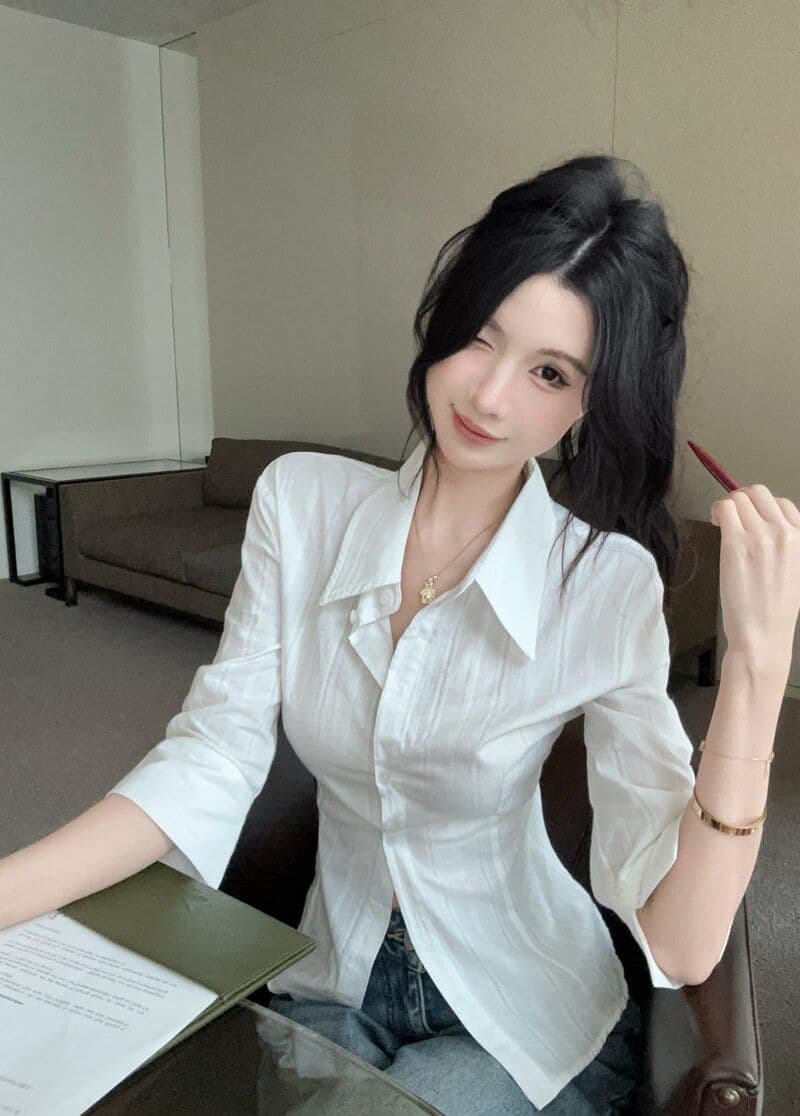원본 자카드 원단 화이트 중간 소매 여성 셔츠 자매 부서 높음 지혜 센스 셔츠 몸매 가꾸기 허리 수축 맨위 상세 이미지 7