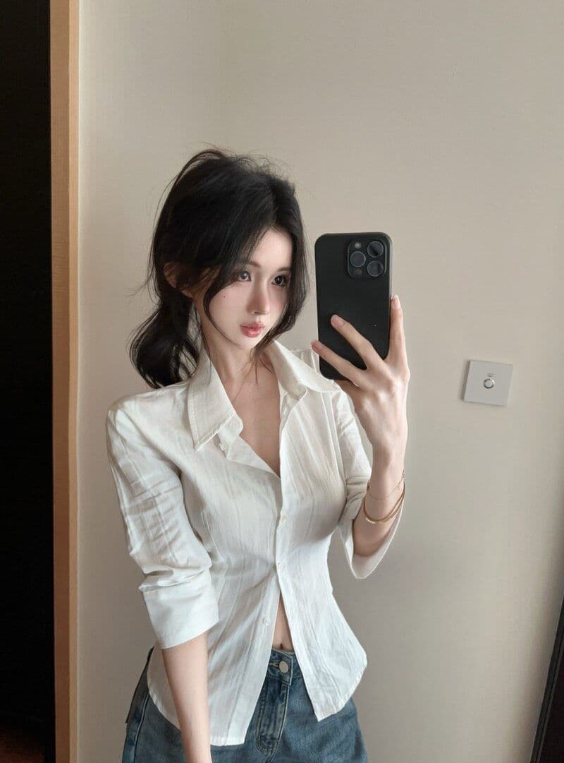 원본 자카드 원단 화이트 중간 소매 여성 셔츠 자매 부서 높음 지혜 센스 셔츠 몸매 가꾸기 허리 수축 맨위 상세 이미지 10